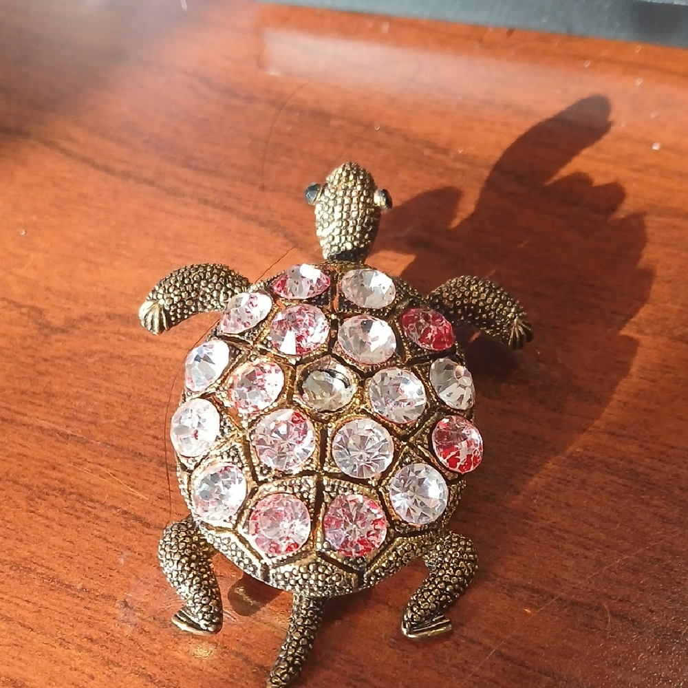 Gold and Red Crystal Turtle Brooch
